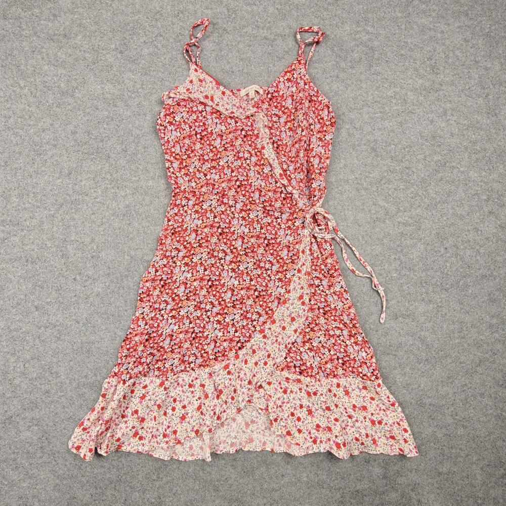 Skies Are Blue Dress Womens Medium Red Floral Wrap Short Ruffle Lined Casual
